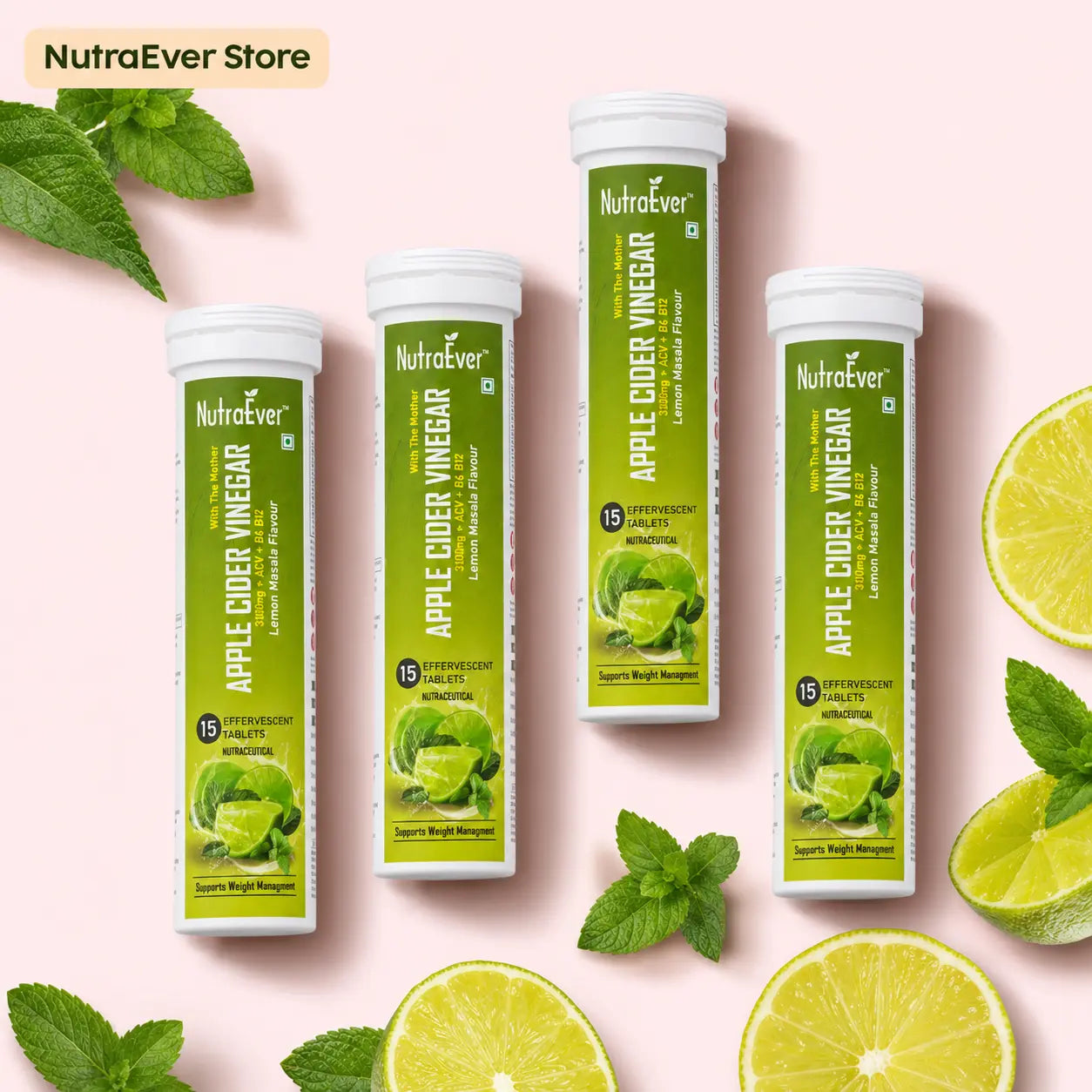 NutraEver Apple Cider Vinegar Effervescent Tablets | 500mg ACV + B6 + B12 | Lemon Masala Flavour