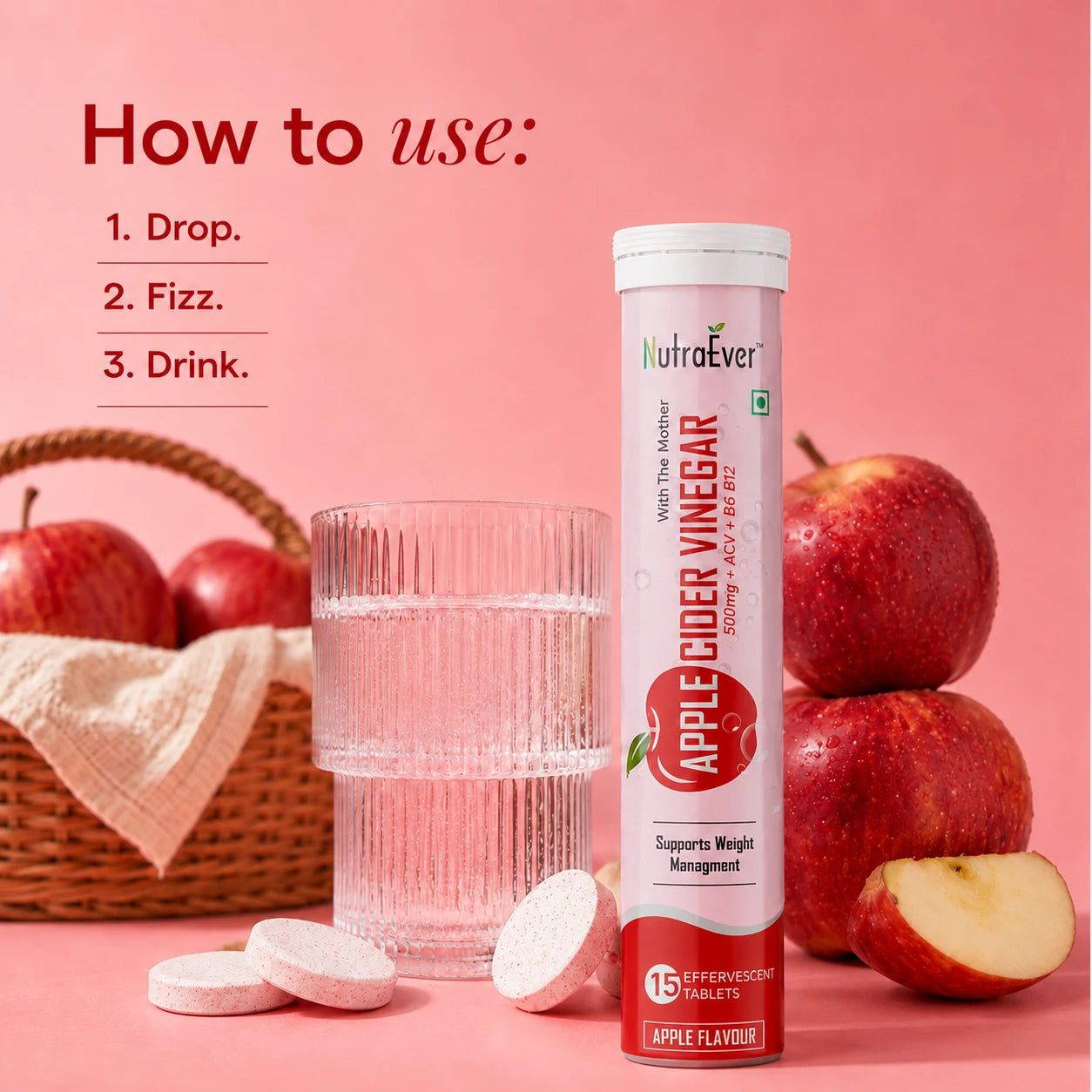 NutraEver Apple Cider Vinegar Effervescent Tablets | 500mg ACV + B6 + B12