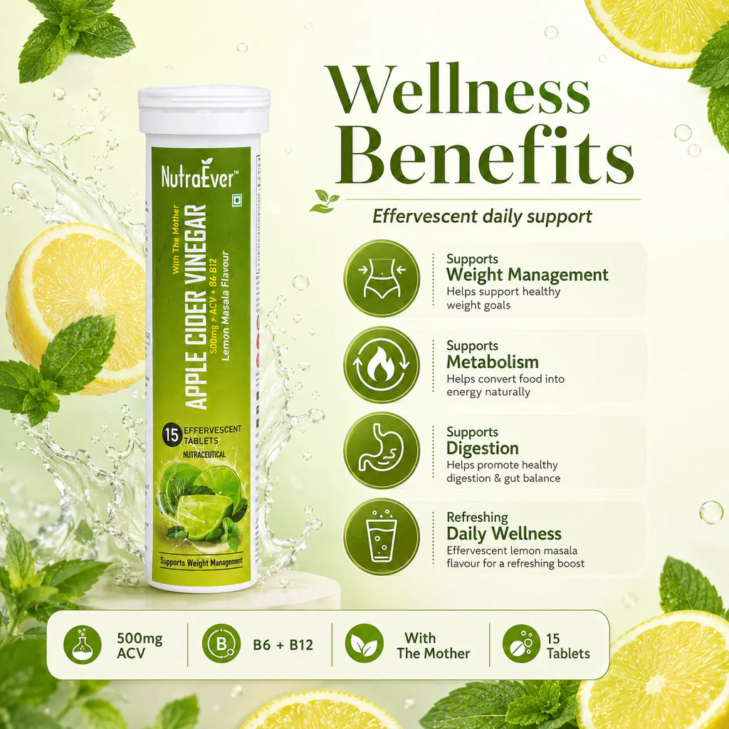 NutraEver Apple Cider Vinegar Effervescent Tablets | 500mg ACV + B6 + B12 | Lemon Masala Flavour