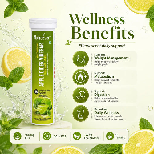 NutraEver Apple Cider Vinegar Effervescent Tablets | 500mg ACV + B6 + B12 | Lemon Masala Flavour