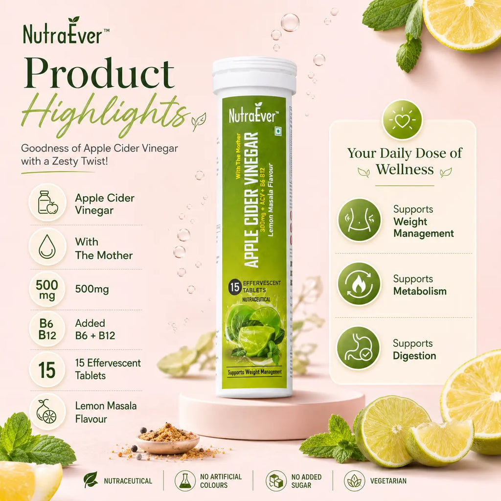 NutraEver Apple Cider Vinegar Effervescent Tablets | 500mg ACV + B6 + B12 | Lemon Masala Flavour