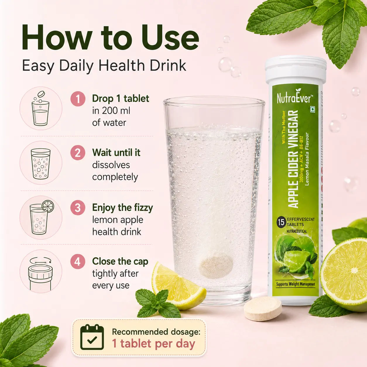 NutraEver Apple Cider Vinegar Effervescent Tablets | 500mg ACV + B6 + B12 | Lemon Masala Flavour
