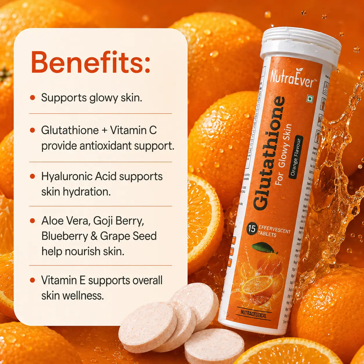NutraEver Glutathione 500mg Effervescent Tablets – Orange Flavour