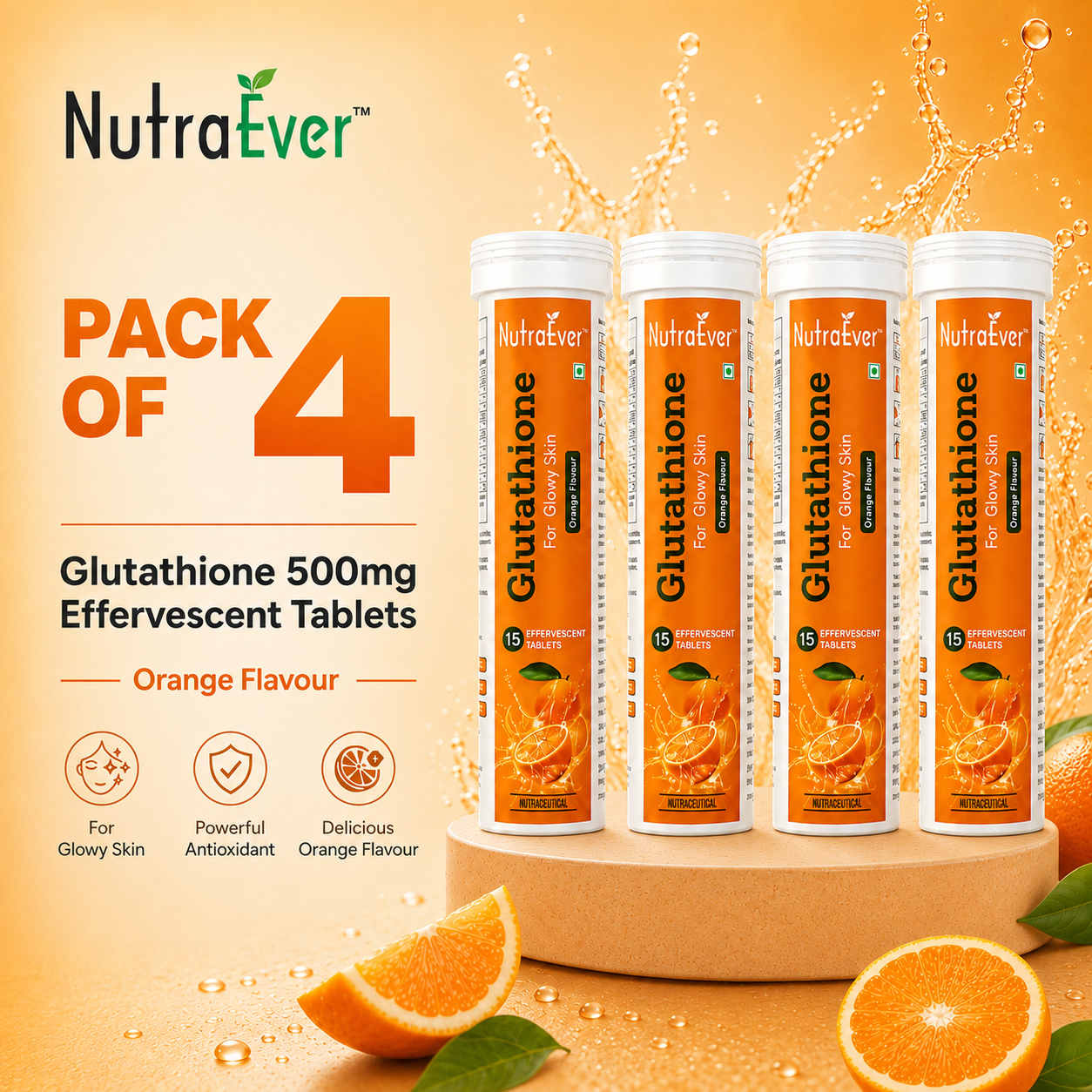 NutraEver Glutathione 500mg Effervescent Tablets – Orange Flavour