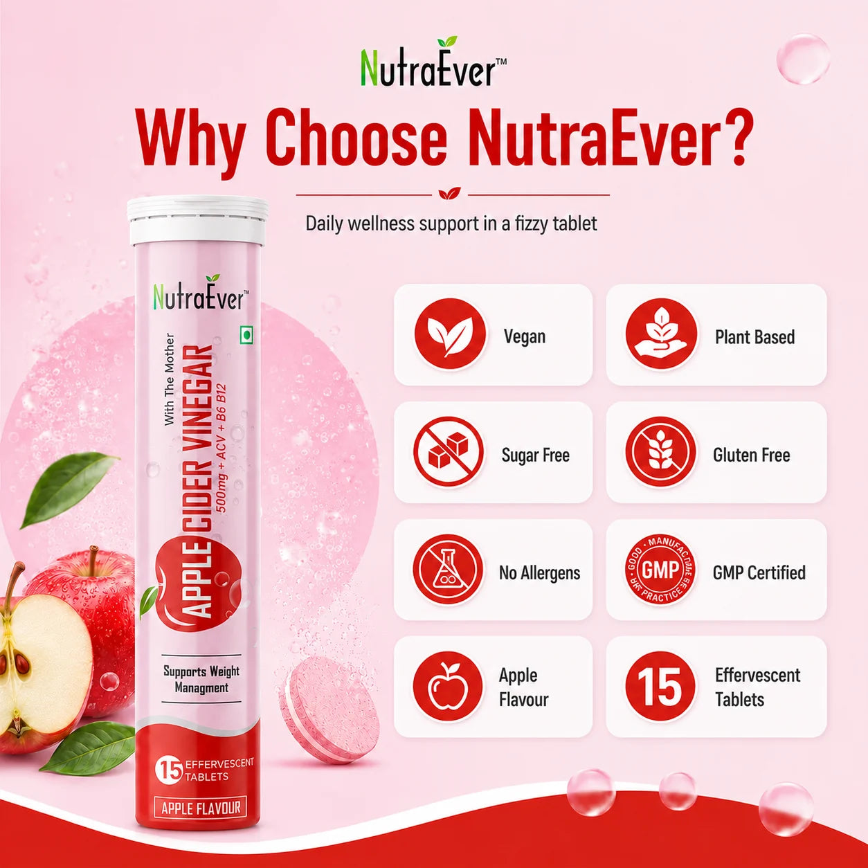 NutraEver Apple Cider Vinegar Effervescent Tablets | 500mg ACV + B6 + B12