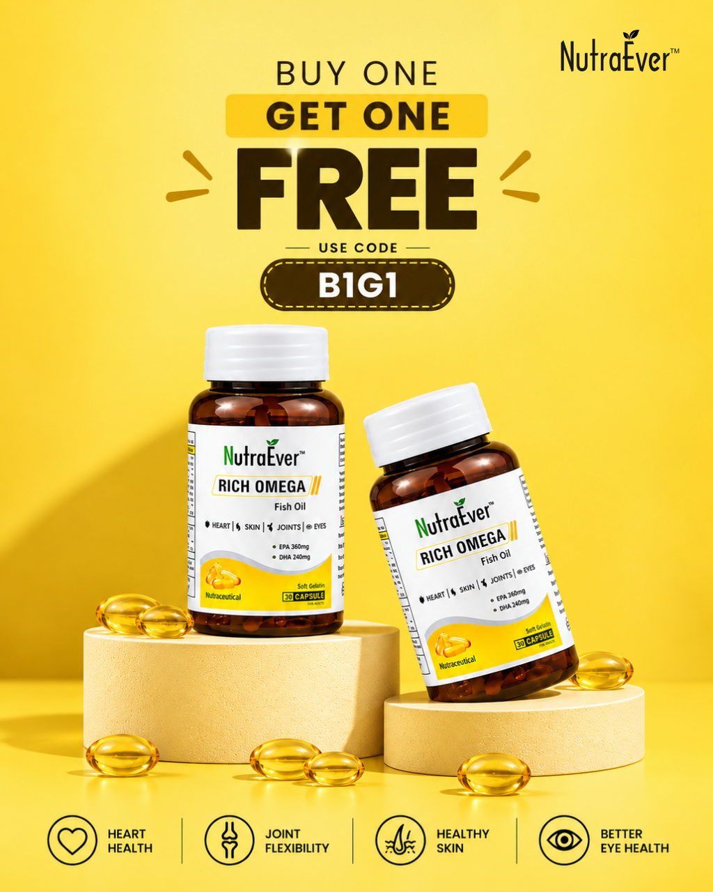NutraEver Rich Omega Fish Oil 1000mg | EPA + DHA Softgels | B1G1